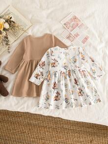 SHEIN 2pcs/Set Newborn Baby Girls Cute Pattern & Solid Color Snap Shoulder Round Neck Long Sleeve Dress, Versatile For Everyday Wear - Multicolor - View 2