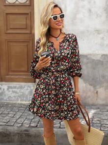 Brillora Women's Autumn And Winter Dresses For Outings, Holidays, And Dates; Round Neck, V-Neck, Tie-Waist, A-Line, Retro Floral Print Dresses For Autumn And Winter Vacations; Holiday Shopping Dresses; Back-To-School Outfits; Very Simple Outfits; Women's Country Style Clothing; Office Wear; Old-Fashioned Style; Teacher's Outfits; Date Outfits; Graduation Season; Autumn Women's Clothing; Casual Dresses; Fashionable Autumn And Winter Dresses.