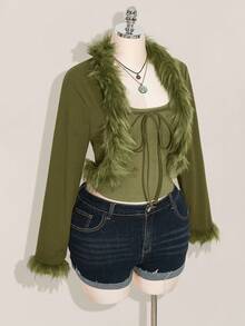 SHEIN ICON Áo khoác croptop buộc dây phía trước viền lông Y2k màu đen Plus dành cho nữ mùa thu đông - xanh quân đội - Xem 6