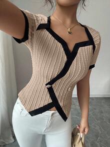 Elenzga 女式复古美式风格拼色不对称设计短袖T恤 - 杏色 - 查看 7