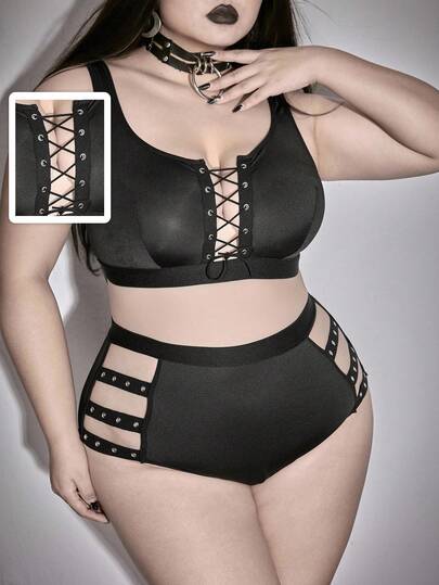 Goth Conjunto de lencería de top corto tipo corsé con cordones y tanga de talla grande estilo gótico