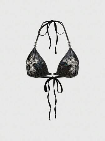 Gothic Glitter Cross & Heart Decor Wireless PU Sexy Bra For Women