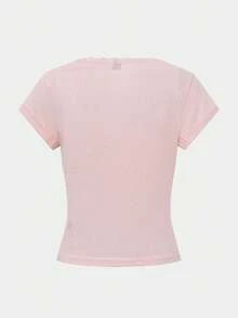 Vionelle 大码女式 BM 风格甜美蕾丝边短袖 T 恤，修身三扣休闲粉色 T 恤上衣，适合春夏季日常穿着，秋冬季家居内衣， - 粉色 - 查看 7