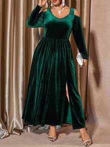 Cravure Plus Size Women Velvet Sweetheart Neck Long Sleeve Dress, Fashionable For Commuting - Dark Green - View 5