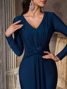 Aureia Elegant, Romantic, Dignified, Navy Blue, Knitted Stretchy Fabric, Sweetheart Neck, Long Sleeve, Fish Tail Hem, Satin Trailing, Suitable For Vacation, Wedding Events, Wedding Guest, Bridesmaid Dress