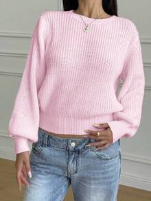 SHEIN Áo len ngắn tay bồng cổ tròn màu hồng cơ bản thu đông cho bé gái tuổi teen - Hồng - Xem 5