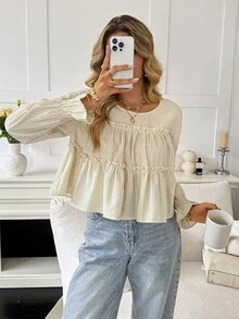 Serisse Áo sơ mi sọc nữ thường ngày, mùa thu, áo sơ mi dài tay cổ tròn, họa tiết sọc màu đào kiểu Pháp, thoải mái, phù hợp cho các buổi đi chơi ngày lễ, mua sắm và du ngoạn mùa xuân. Thích hợp để mặc bên trong các trang phục khác, mặc trong Lễ Tạ ơn dành cho nữ, mặc trong dịp năm mới dành cho nữ. - Màu be - Xem 3