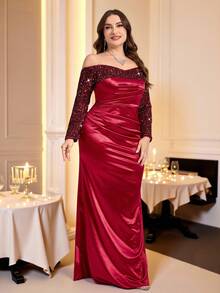 Coutiva Vestido de noite formal plus size com lantejoulas, patchwork, babados, ombro de fora, manga comprida - Borgonha - Ver 5