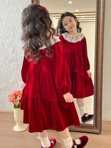 SHEIN Little Byeori Vestido casual para meninas com patchwork, gola com babados e manga bufante - Vermelho e branco - Ver 3