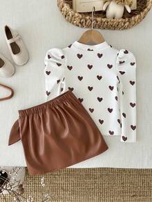 LMoss Kids LMoss Young Girl Love Knitted T-Shirt With PU Skirt Suit,, Suitable For Casual Daily Wear, Autumn/Winter Cute Tops, Girl Clothes Autumn And Winter Clothes, Cute Clothes, Girl Clothes Skirt Set - Multicolor - View 3