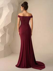 Coutiva Vestido de noche elegante y formal para mujer con hombros descubiertos y decoración de rhinestones - Burdeos - Ver 7