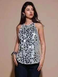 SHEIN BAE Women's Fashionable Party Sequin Halter Top - Silver - View 3