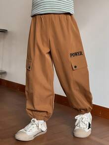 SHEIN Young Boys Casual Letter Embroidered Cargo Pants - Brown - View 1