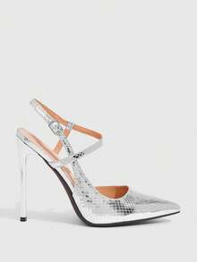 CUCCOO SZL Escarpins mode à texture de lézard argenté pour femmes, talons hauts à bout pointu avec bride à la cheville, chaussures sexy pour soirée - Argent - Voir 2