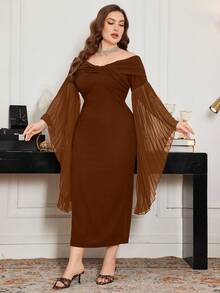 Modelyn Figurbetontes Kleid in Große Größen für Damen mit Off-Shoulder Twist-Einsatz, Raffung in der Taille, schlanker Passform und Schlitz am Saum - Braun - Übersicht 5