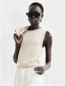 Lumivelle 2 件针织长袖开衫和无袖针织背心套装，百搭 - 杏色 - 查看 6