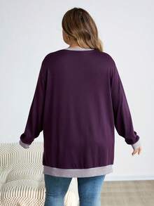 SHEIN CURVE+ Plus Size Casual Colorblock Patchwork Side Slit Sweatshirt, Autumn Holiday/Winter Fall - Burgundy - View 2