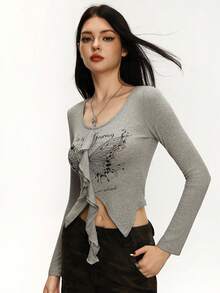 INAWLY Sweet & Spicy Style Round Neck Butterfly Print Ruffle Trim Long Sleeve Top - Grey - View 5