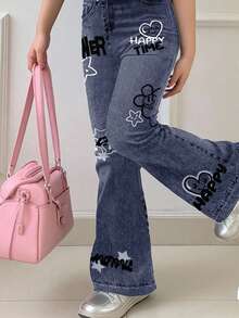 SHEIN Leap Crew 2 件套青少年女孩休闲宽松心形和笑脸涂鸦印花短袖圆领 T 恤和喇叭裤套装，适合夏季，适合居家、郊游、街拍、校园 - 彩色 - 查看 3