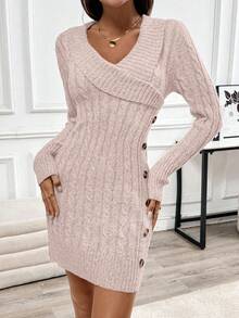 EMERY ROSE Vestido de suéter de manga larga con cuello cómodo - Rosa vieja - Ver 3