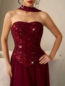 Coutiva Váy dài tay đính sequin thanh lịch, váy dạ hội cao cấp cho tiệc tối - Màu Đỏ Sâu - Xem 7