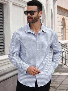 Manfinity Homme 秋季大码男士休闲宽松条纹长袖衬衫