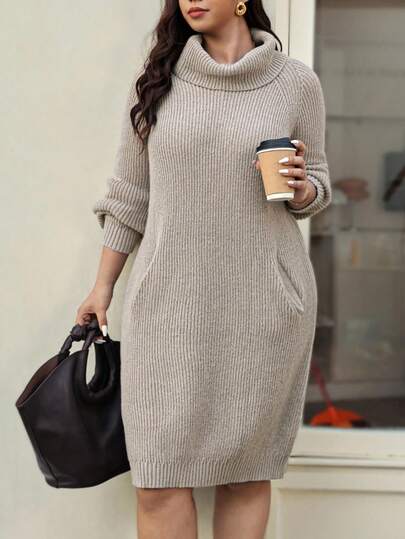 Flirla Plus Size Women Turtleneck Knitted Sweater Dress, Fashion High Collar Casual Versatile Pullover Dress For Autumn/Winter Jumper Dress Sweater Dress Women Comfy Dress Autumn Dress Turtleneck Dress