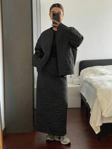Livesso Ensemble veste matelassée ample et jupe évasée pour femmes, style casual business, épais pour l'automne et l'hiver - Noir - Voir 1