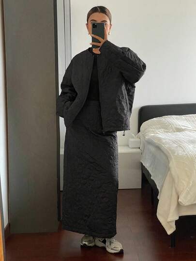 Livesso 女士宽松保暖内衬夹克和 A 字裙套装，休闲商务风格，秋冬季厚款