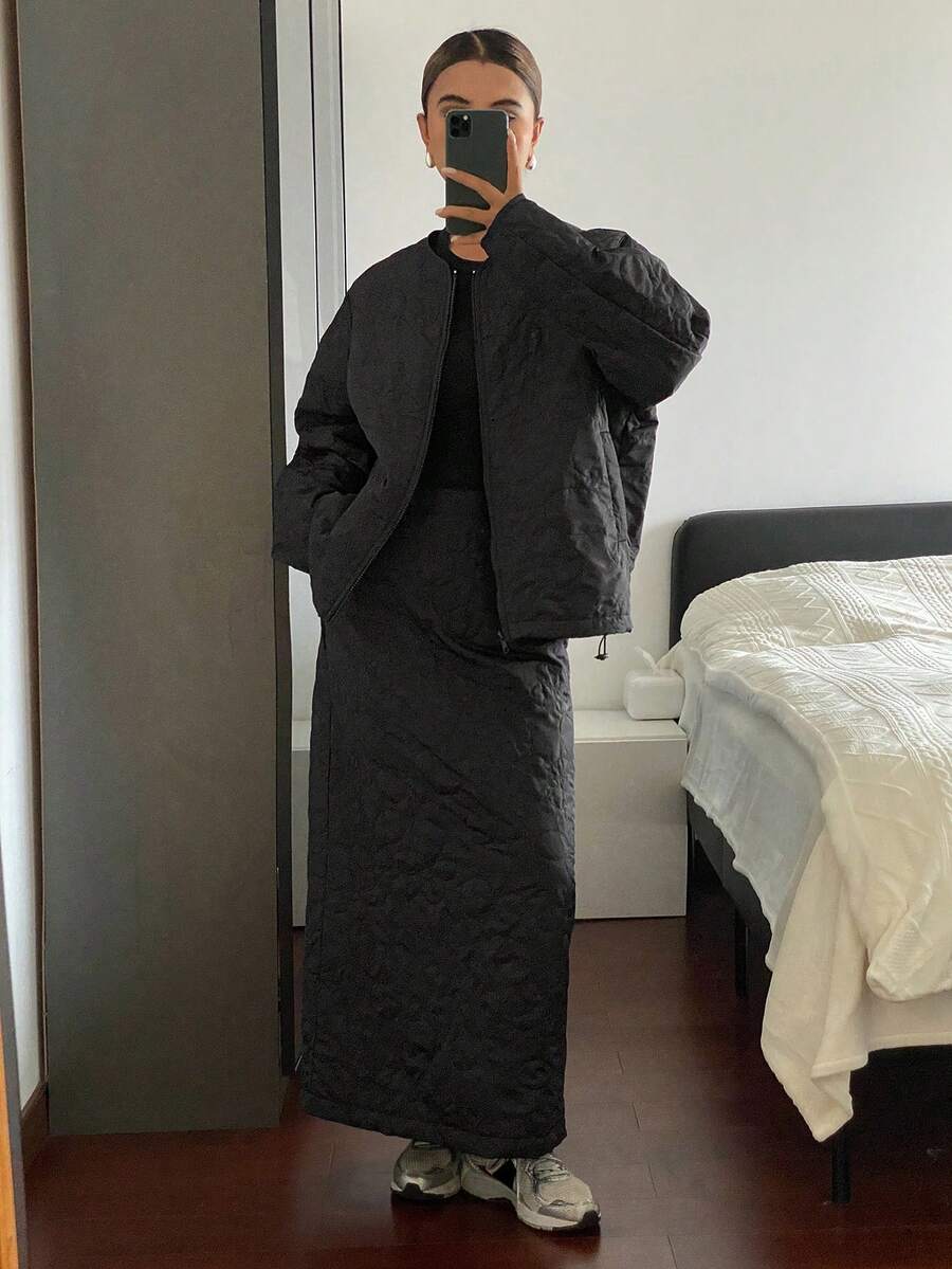 Livesso Ensemble veste matelassée ample et jupe évasée pour femmes, style casual business, épais pour l'automne et l'hiver - Noir - Voir 1