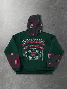 ROMWE MEN Street Life Men's Patchwork Contrast Plaid & Letter Print Hoodie - Green - View 1
