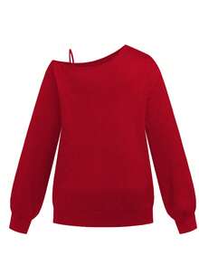 EMERY ROSE Áo thun tay dài hở vai họa tiết chữ tiếng Anh đính đá cỡ lớn, phù hợp cho mùa thu/đông - Đỏ - Xem 2