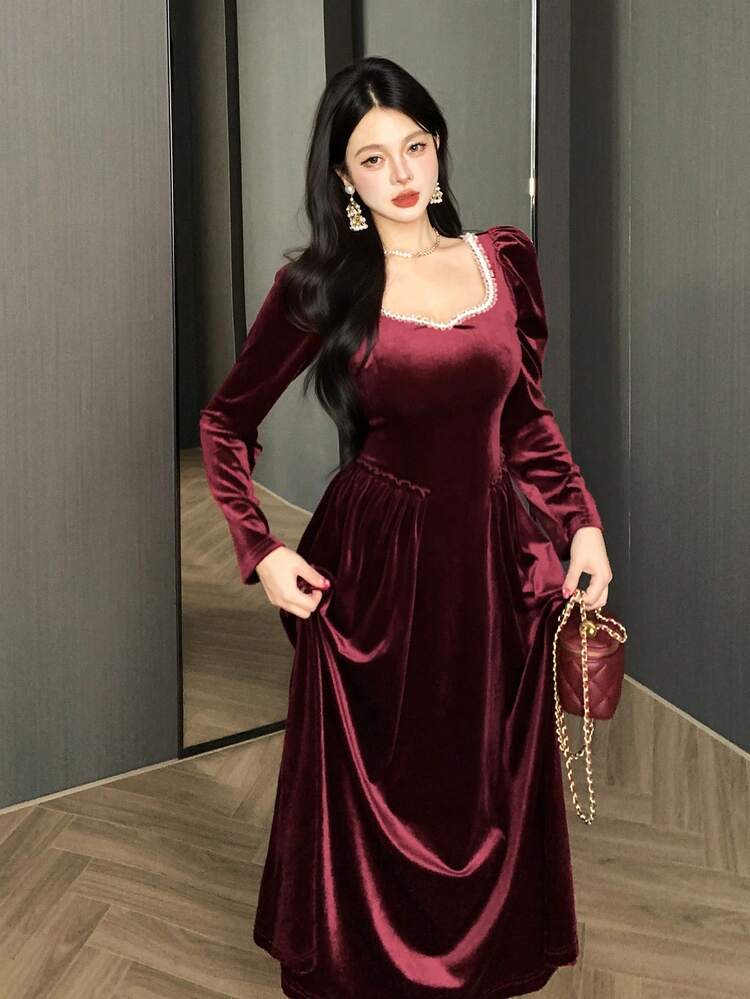Women's Elegant Contrast Trim Pleated Velvet Midi Dress, Autumn,New Year,Christmas