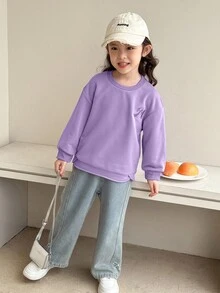 SHEIN 少女休闲字母刺绣圆领运动衫 - 紫色 - 查看 3