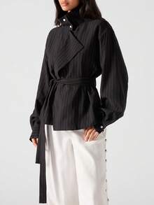 LYSMO Women's Black Striped Turtleneck Dropped Shoulder Long Sleeve Fashionable Versatile Trench Coat, Autumn,Winter Clothes For Women - Black - View 6