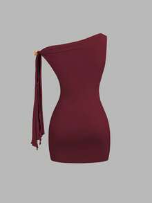 Sweetra Sexy Black Wrap Dress With Asymmetric Ruffle Sleeves, Fitted Waist And Bodycon Silhouette, Elegant French Style - Burgundy - View 2