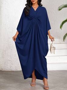 SHEIN Lady 2025 New Women's Casual Loose Batwing Sleeve Dress, Navy Blue, Suitable For Holiday Vacation Wear, Women's Bohemian Style/Bohemian Style/Bohemian Women's Clothing Royal Blue Elegant Dress Women Draped Dress