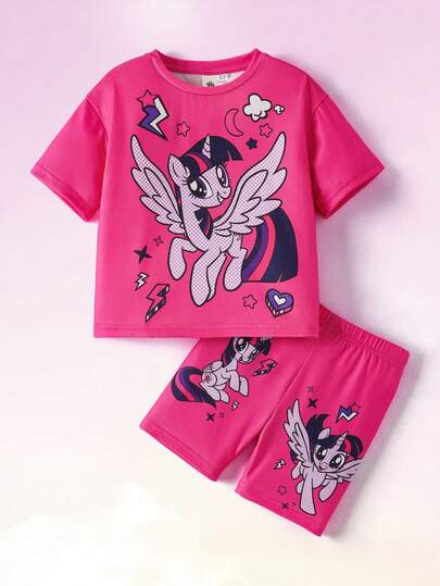 My Little Pony X SHEIN Young Girl Summer Casual Cute Cartoon Unicorn Print Loose Fit T-Shirt And Bike Shorts Set