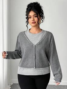 Dazy Plus Plus Size Women Contrast Color Block 2 In 1 Pearl Decor Pullover Sweater - Grey - View 4