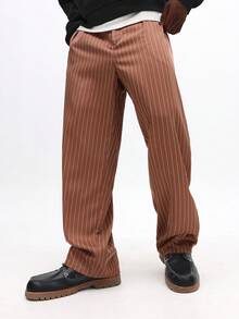 SUMWON Relaxed Wide Leg Pinstripe Trousers With Vertical Stripes For Casual Everyday Wear - Brown - View 5