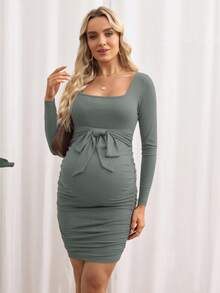 SHEIN Váy suông nhún bèo màu trơn thường ngày cho bà bầu, mùa thu - màu xanh lá - Xem 4