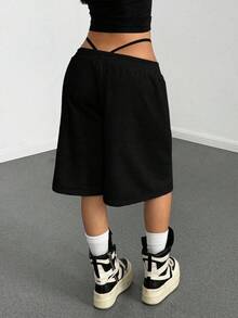 StreetHx Pantalones capri de mujer con estampado punk de ajuste holgado en gris - Negro - Ver 2