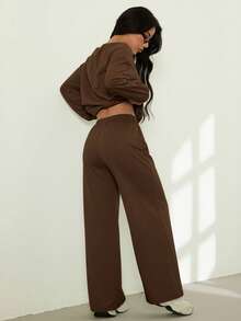 SHEIN PETITE Bộ 2 món/Bộ đồ nữ áo dài tay in số thường ngày và quần dài - màu nâu - Xem 2