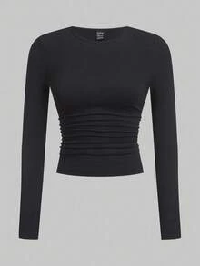 SHEIN EZwear 休闲百搭多色针织女式修身T恤，中性色上衣，女式长袖上衣，紧身上衣，多件装上衣，女式长袖上衣，长袖露脐上衣，女式长袖上衣，秋季，女式秋装 - 杏色 - 查看 6