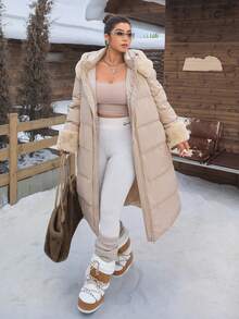 SHEIN EZwear 大码女式卡其色毛领长款棉服外套，秋冬 - 卡其色 - 查看 7