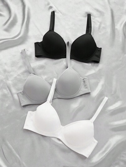 3件套女士纯色休闲舒适文胸和无钢圈文胸套装