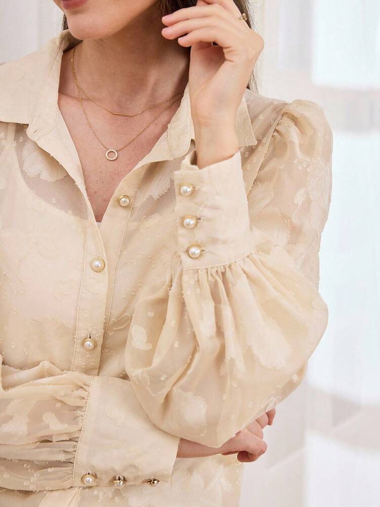 Women's Jacquard Puff Sleeve Blouse And Pants Elegant 2 Pieces Set