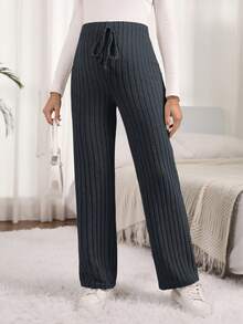 SHEIN Maternity Solid Color Adjustable Waist Ribbed Straight Loose Casual Pants Fall - Dark Grey - View 3