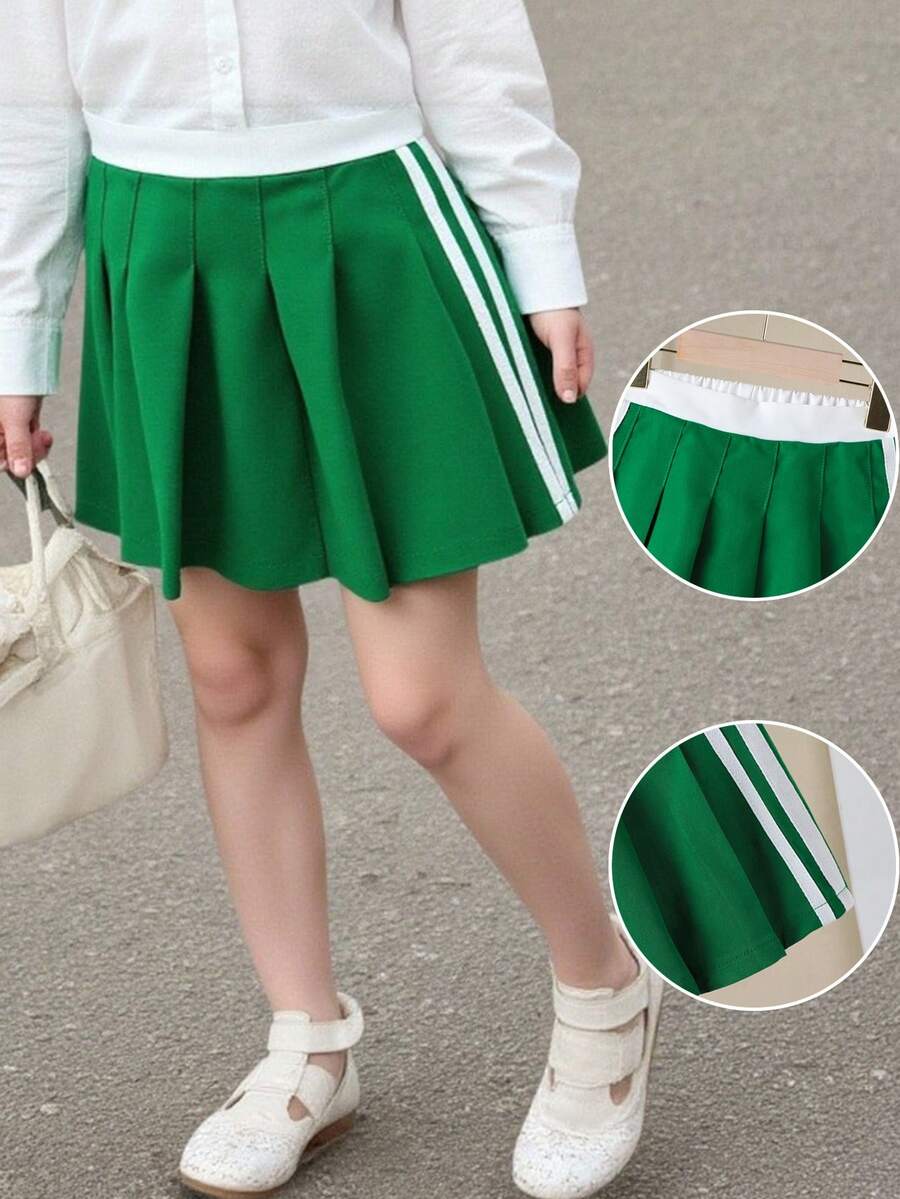 2025 年新款女童 4-7 岁缎带饰边百褶裙，热销经典休闲舒适简约风格，适合旅行、日常、上学、度假、户外、返校