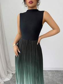 Elenzga 女士优雅休闲无袖黑色拼布渐变色褶皱连衣裙 - 墨綠色 - 查看 6